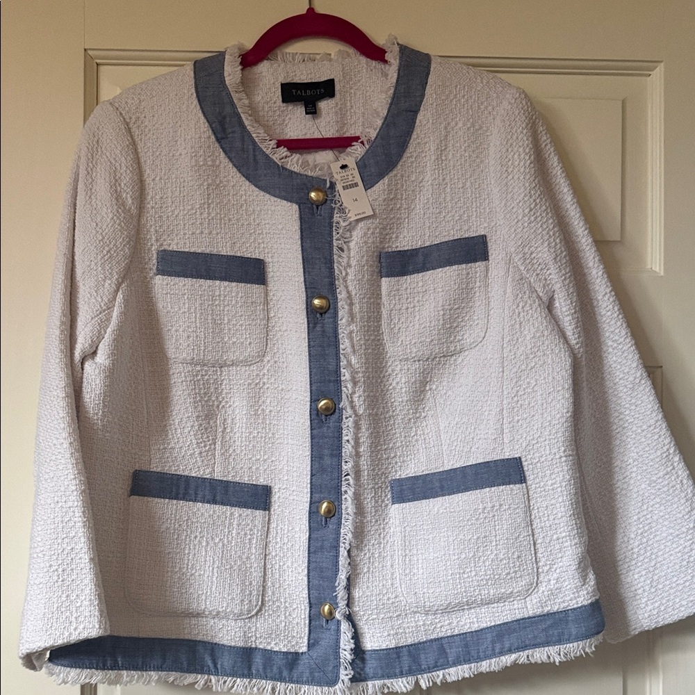 Talbots White Tweed Jacket with Blue Trim and Gold Buttons